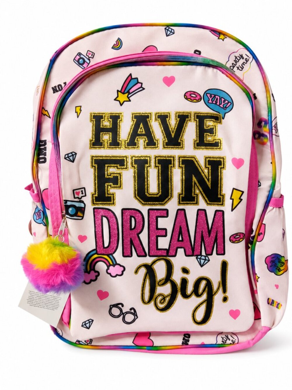 Girls Pink Rainbow Glitter Backpack Pom Pom Have Fun Dream Big School Bag